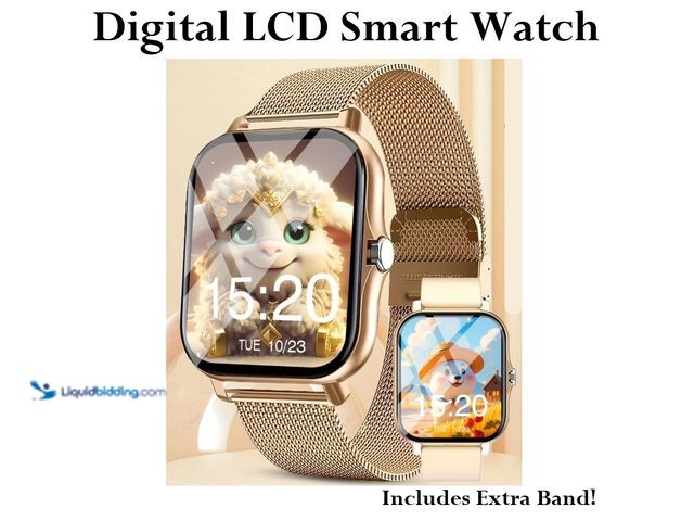 Lot 49-1616202 - Waterproof Smart Watch with Digital LCD Screen Gold Case with Gold Silicone Band and Bonus Gold Nylo...