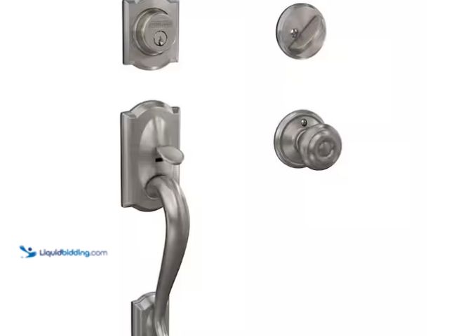 Lot 49-1566805 - Schlage Camelot Satin Nickel Single Cylinder Door Handle set with Georgian Knob, Model # F60V CAM x ...