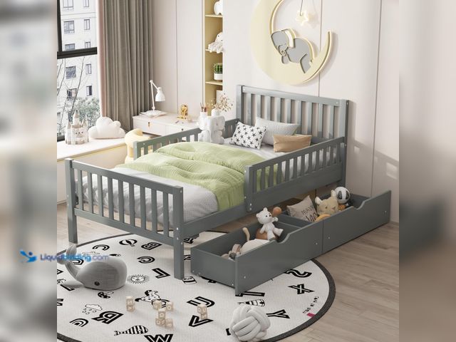 Lot 49-5485285 - Merax Low Twin Bed Frame for Kids, Twin Size Platform Bed with Storage, Boys Wood Bed Frame with 2 D...