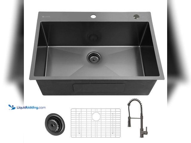 Lot 49-5444563 - Glacier Bay 33 in. Drop-In Single Bowl 18 Gauge Gunmetal Black Stainless Steel Kitchen Sink with Bla...