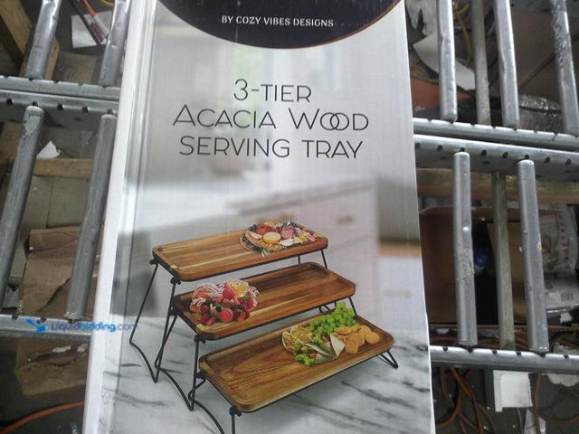 Lot 49-1518565 - 3 Tier Acacia Wooden Serving Tray With Metal Legs, Unused  Ref#MTMED0804