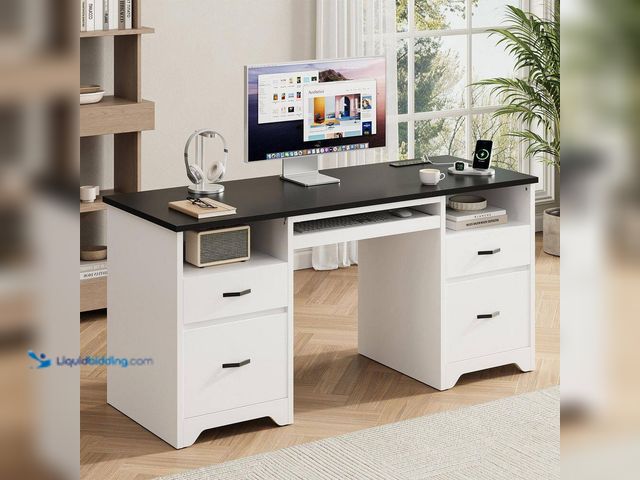 Lot 49-5453601 - Bestier 59 in. Rectangular Black White Computer Desk with Drawers and Power Outlet, Home Office Desk...