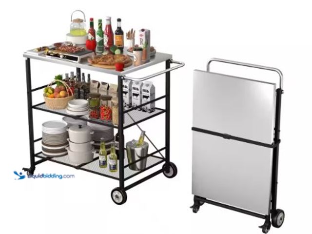 Lot 49-1516569 - VEIKOUS 3- Shelf Stainless Steel Foldable Outdoor Grill Cart Indoor Prep Table with 4-Wheels (31.5 i...