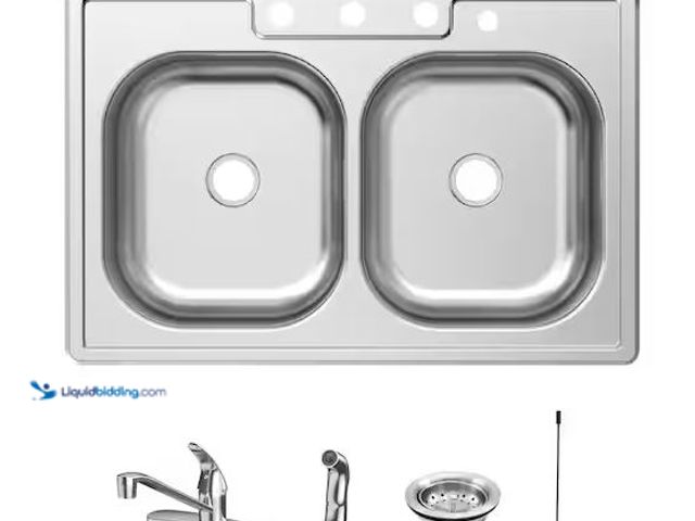 Lot 49-5460653 - Glacier Bay
33 in. Drop-In 50/50 Double Bowl 20 Gauge Stainless Steel Kitchen Sink with Faucet Inte...