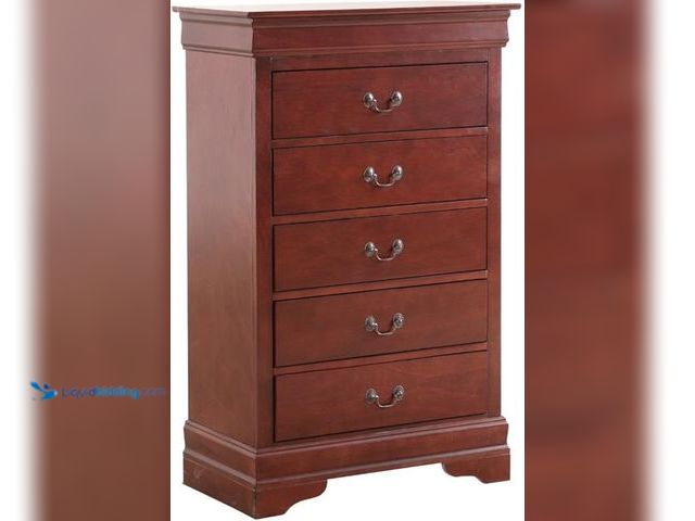 Lot 49-5446777 - Furniture of America Louis Phillipe 5 Drawer Chest in Cherry. Item is unused, Shipping damage with s...