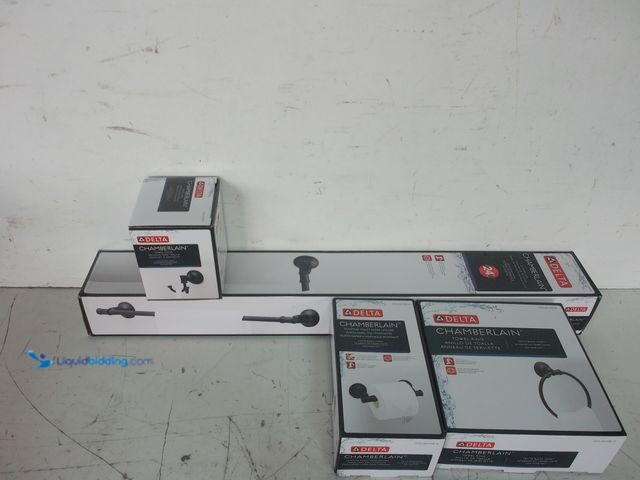 Lot 49-3617056 - Delta Chamberlain Bath Set - Includes toilet paper holder, towel ring, towel bar and towel hook. New...