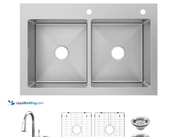 Lot 49-1567980 - Glacier Bay Dolancourt Tight Radius 33 in. Drop-In 50/50 Double Bowl 18 Gauge Stainless Steel Kitche...