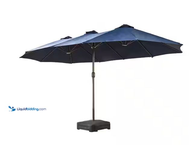 Lot 49-3614888 - Ovios 15 ft. x 9 ft. Rectangular Metal Double-Sided Market Patio Umbrella with Base and Crank in Dar...