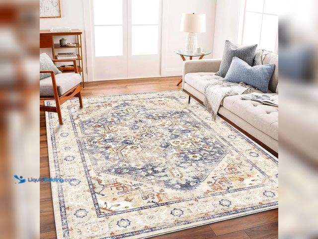 Lot 49-5413529 - Area Rug 6'x9' Blue Khaki Washable Vintage Traditional Floor Cover Thin Retro Kitchen Indoor Distres...