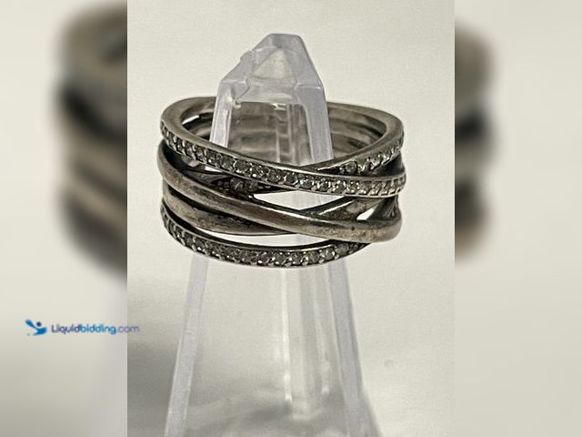 Lot 49-910575 - Sterling Silver Size 7 Crossover Ring with Clear Accent Stones featuring an elegant multi-band criss...