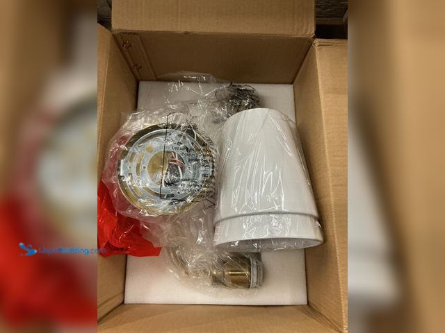 Lot 49-3528547 - 2 Light Bathroom Vanity Light, Brushed Gold Double Wall Sconce with Flared White Fabric Shade, Moder...