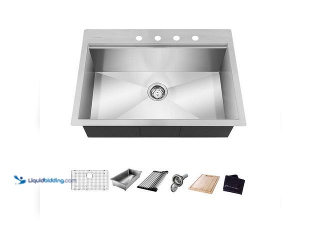 Lot 49-5543946 - Glacier Bay Zero Radius 32 in. Drop-In Single Bowl 18 Gauge Stainless Steel Kitchen Sink with Access...