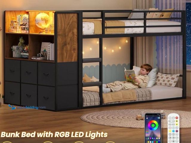 Lot 49-3639428 - BTHFST Twin Over Twin Bunk Bed with Storage Drawers, Open Shelves, LED Lighting - Model: AJ-DJ505300...
