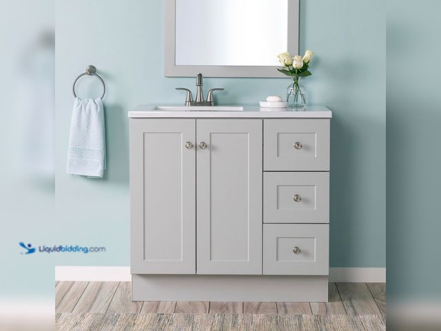 Lot 49-5416144 - Glacier Bay Bannister 37 in. Single Sink Pearl Gray Bath Vanity with Granite-Look Colorpoint White C...