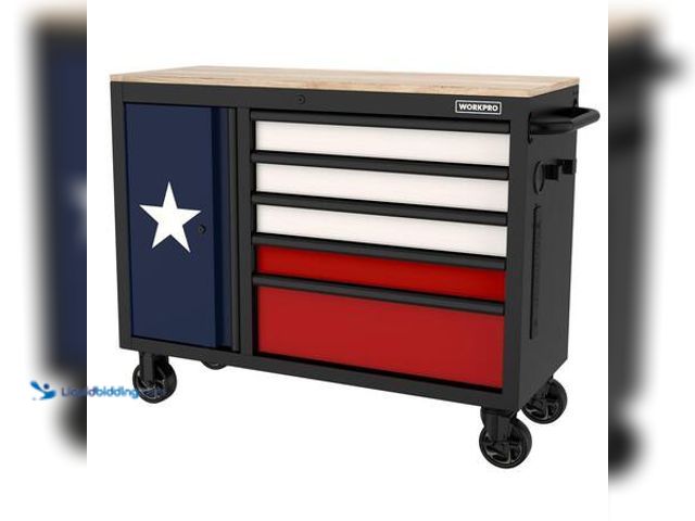 Lot 49-5553141 - WORKPRO Texas Edition 46 in. W x 18 in. D 5-Drawer Mobile Workbench Cabinet with Solid Wood Top Mode...