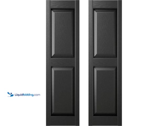 Lot 49-5414738 - 14.75 in. x 59 in. Raised Panel Vinyl Exterior Shutters Pair in Black Model # 030140059002 unused