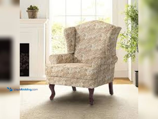 Lot 49-5485633 - Uixe Mid-Century Retro Style Paisley Brown Linen Upholstered Wingback Arm Chair with Wooden Legs (Se...