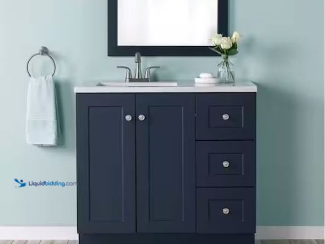 Lot 49-1569500 - Glacier Bay Bannister 37 in. Single Sink Deep Blue Bath Vanity with Granite-Look Colorpoint White Cu...