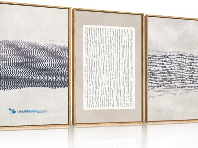 Lot 49-3528291 - HOURIA Blue White Abstract Neutral Framed Canvas Wall Art Set,Minimalist Boho Waves Lines Wall Decor...