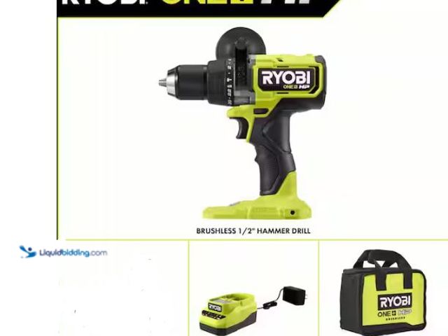 Lot 49-1569252 - RYOBI ONE+ HP 18V Brushless Cordless 1/2 in. Hammer Drill Kit, Charger, and Bag, Model # PBLHM102K1,...
