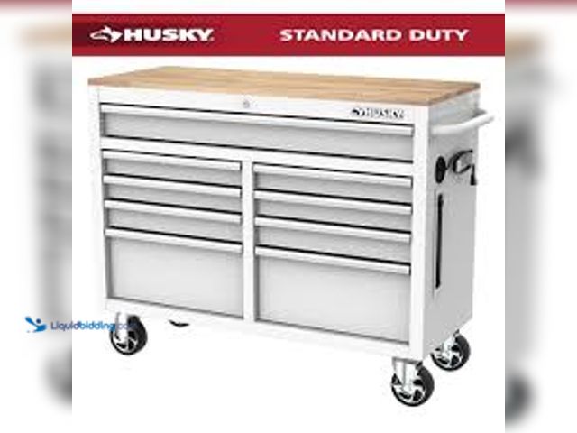 Lot 49-5415253 - Husky Tool Storage 46 in. W x 18 in. D 9-Drawer Gloss White Mobile Workbench Cabinet. Model # H46X18...
