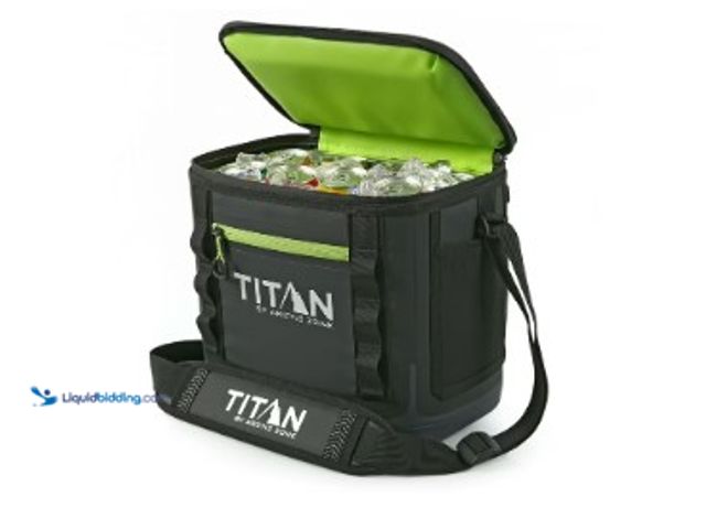 Lot 49-1625754 - Titan by Arctic Zone 12 Can Waterproof Welded Soft Cooler, 8 Quart, Black/Green, Model # 3231932530,...