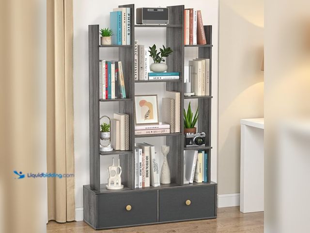 Lot 49-3481682 - Topfurny Tree-Shaped Bookshelf with 2 Drawers, Freestanding Bookcase with 12 Storage Shelves for Bed...