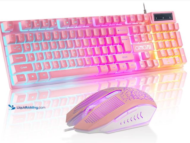 Lot 49-3431563 - CHONCHOW Pink Gaming Keyboard and Mouse Combo with LED, 104 Keys Wired Light Up Pink Keyboard and Cu...