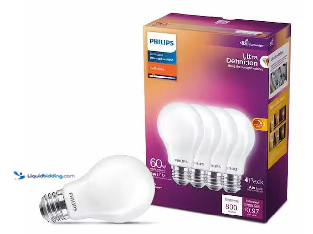 Lot 49-5573137 - Philips
60-Watt Equivalent A19 Ultra Definition Dimmable E26 LED Light Bulb EyeComfort Soft White w...