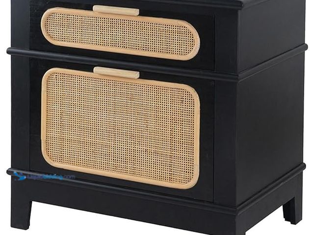 Lot 49-5408214 - A & B Home 27.4 in L Rectangular Black MDF/Pine Wood/Rattan/Pine Wood Veener Bedside Table, Nightsta...