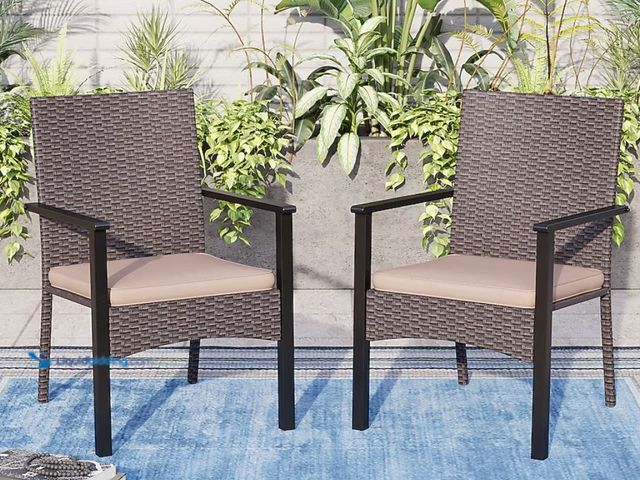 Lot 49-5579995 - Sunshine Valley Outdoor Patio Chair Rattan Brown Steel Frame Stationary Dining Chair with Beige Olef...
