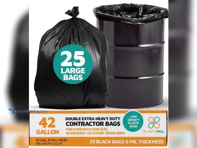 Lot 49-1549346 - PlasticMill 33 in. W x 48 in. H. 42 Gal. 6 mil Black Contractor Bags (25-Count), Model # PM-3348-6-B...
