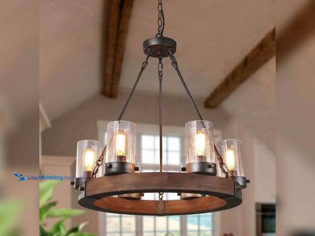Lot 49-5539931 - LNC Bronze Farmhouse Chandelier Wood Wagon Wheel 6-Light Rustic Chandelier for Foyer with Seedy Glas...
