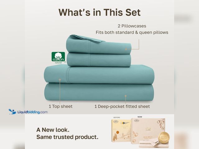 Lot 49-5572345 - QUEEN  - California Design Den 100% Cotton Sateen Queen Size Bed Sheet Set, Teal. Model: 84030714941...