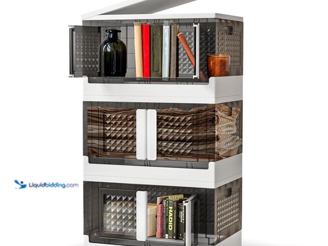 Lot 49-1571276 - livluxe 3 Pack Plastic Stackable Storage Bins - Foldable Storage Box with Door, Wheels & Side Handle...