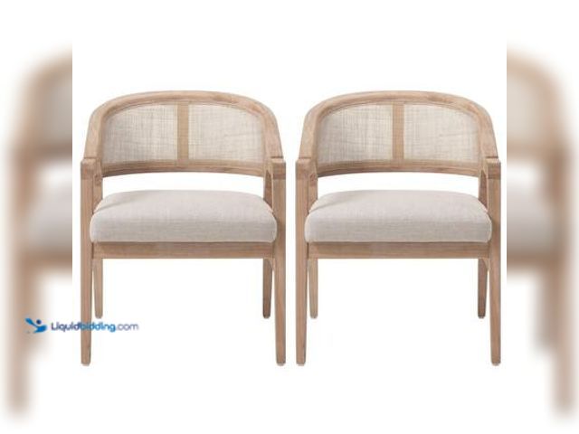 Lot 49-5572000 - CHRISTOPHER KNIGHT HOME Tyrox Modern Rustic Natural Finish Wood Beige Fabric Upholstered Dining Arm ...