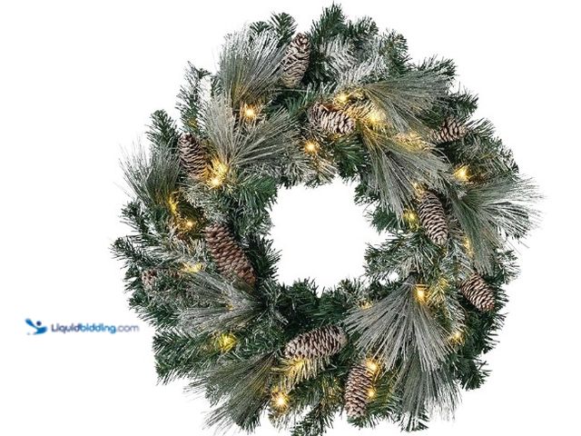 Lot 49-1547217 - Sullivans Prelit 24” Christmas Wreath, Flocked Door Wreath with Lights Christmas Décor, Lighted Pine...