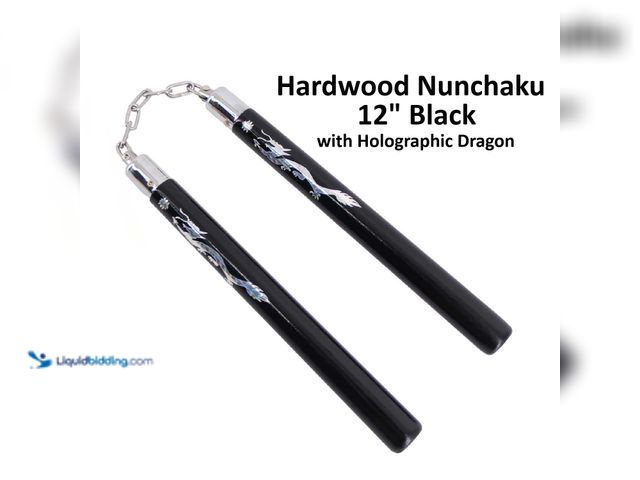 Lot 49-5434136 - Hardwood Nunchaku 12" Black with Holographic Dragon - NEW - The glory of these 12" chucks is the 5" ...