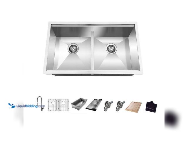 Lot 49-5444479 - Glacier Bay Zero Radius 33 in Undermount 50/50 Double Bowl 18 Gauge Stainless Steel Workstation Kitc...