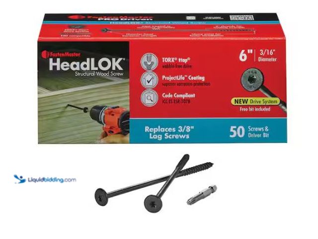 Lot 49-1624745 - FastenMaster 6 in. HeadLOK Structural Wood Screws Flat Head Wood Screws, Black (50-Pack) Model # FMH...