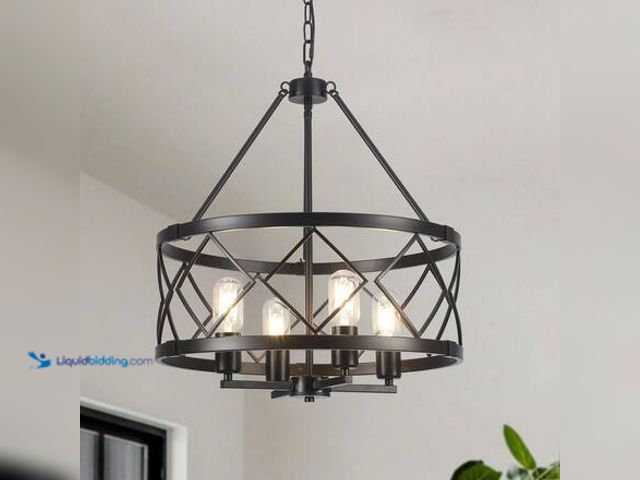 Lot 49-5546378 - ADSENSTY 4-Light Black Drum Cage Candlestick Island Chandelier Industrial Pendant Light Model # HD3-...