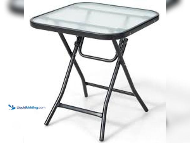 Lot 49-5415251 - Costway Black Square Metal Folding Glass Side Table Outdoor Bistro Table. Model # GHMHSKU00093. Slig...