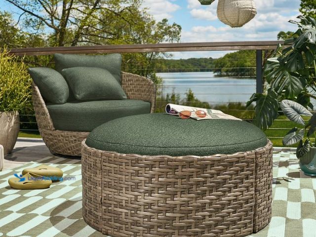 Lot 49-1623998 - Beautiful Wicker Reversible-Top Outdoor Ottoman and Coffee Table with Cover by Drew Barrymore, Brown...