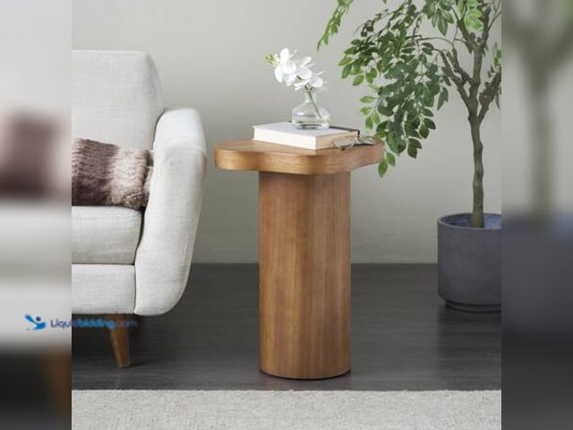 Lot 49-5548753 - Litton Lane 15 in. Brown Pedestal Large Round Wood End Table with Rounded Square Top Model # 046260 ...
