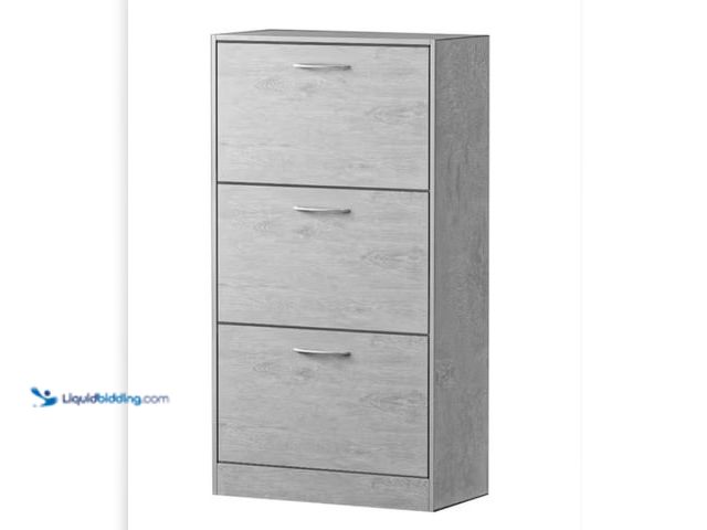 Lot 49-1519043 - FUFU&GAGA 22.4 in. W x 42.1 in. H 24-Pair Gray Wood 3-Drawer Shoe Storage Cabinet with Foldable Comp...
