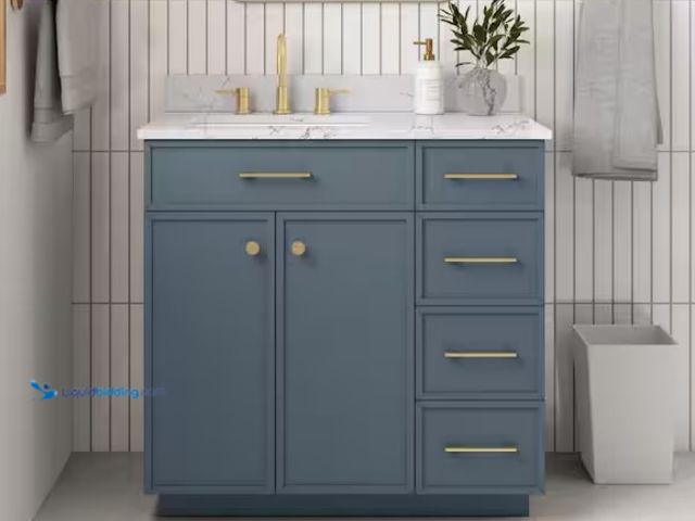 Lot 49-1578406 - Glacier Bay Marcote 36 in. Single Sink Freestanding Slate Blue Bath Vanity with Venato Engineered St...