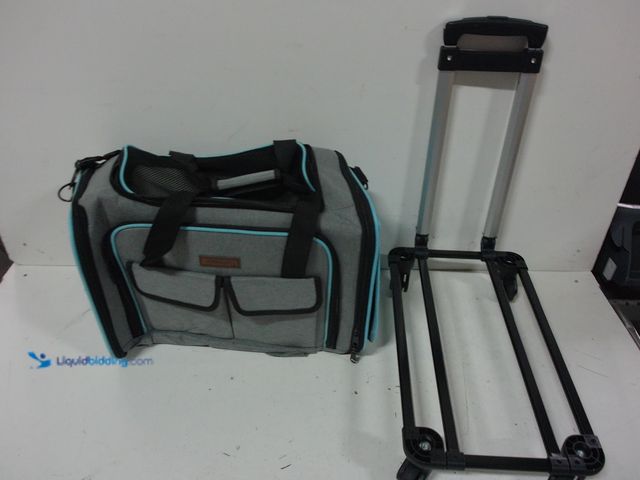 Lot 49-3430461 - ANAHAT Travel Cat Carrier with Wheels and Telescoping Handle, Gray/Black/Blue, Slightly used, Not in...