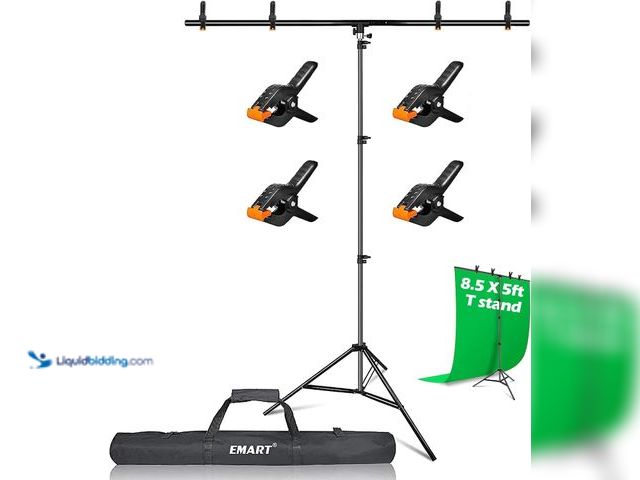Lot 49-3528285 - EMART 8.5 x 5ft Portable T-Shape Backdrop Stand Kit with Adjustable Frame, 4 Spring Clamps & Carry B...