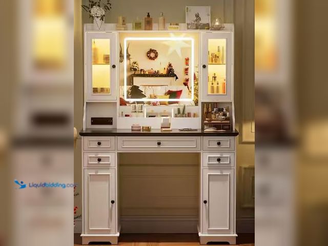 Lot 49-3539063 - PAKASEPT
White Vanity Desk with Mirror and Lights, Makeup Vanity with 5-Drawers and Cabinets, Charg...