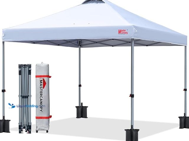 Lot 49-3465240 - MASTERCANOPY Durable Pop-up Canopy Tent with Roller Bag (White) Model#AJ03, Slightly Used Feet Are B...